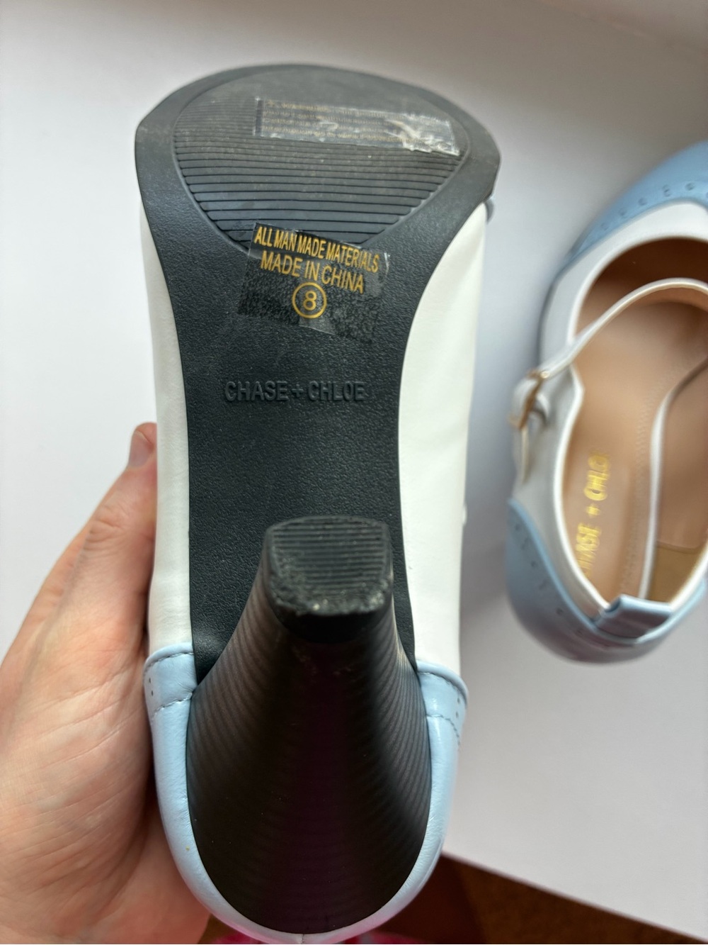 Chase + Chloe Two-Tone Mary Jane Pumps in Light Blue and White - Picture 8 of 8